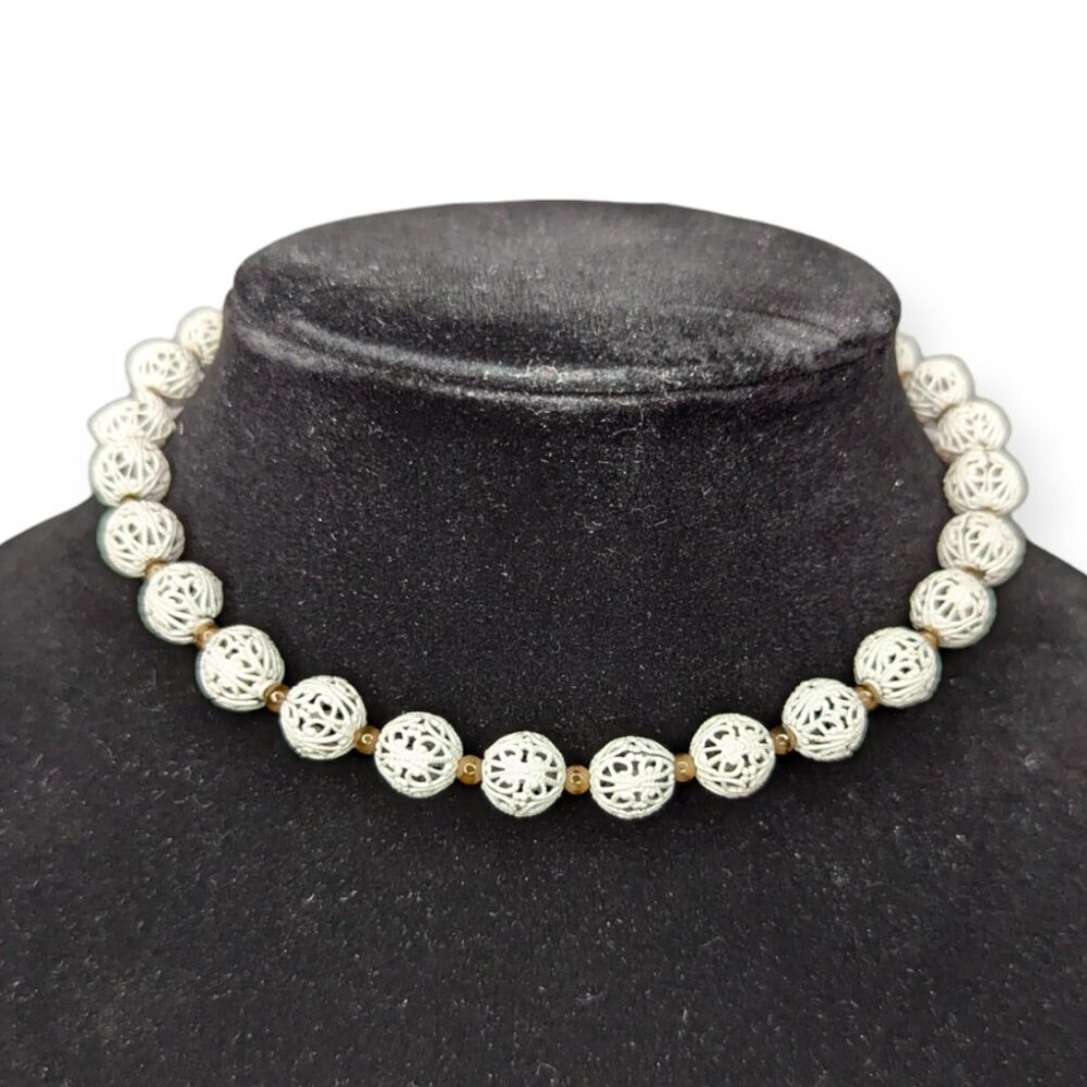 Vintage White Enamel Filigree Ball Beaded Necklace